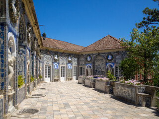 General view Palacio Fronteira terrace decorated with blue and white tiles and sculptures
