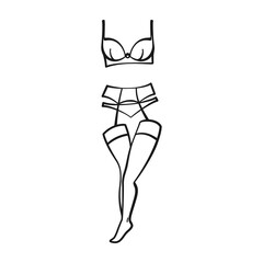 Elegant lingerie set with bra and panties, suspender belt and stockings in vector outline
