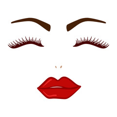Face makeup with red lips, lashes and brows for beauty concept in vector