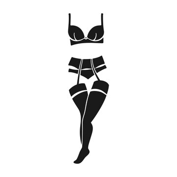 recommend clip art: Elegant lingerie set with bra and panties, suspender belt and stockings in vector silhouette