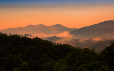 Sun setting over the Smoky Mountains in North Carolina