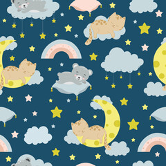Seamless children pattern with cat, bear, clouds, moon and stars. Creative kids texture for fabric, wrapping, textile, wallpaper, apparel