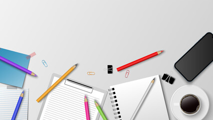 Top view of modern workplace, coffee paper note pencil on the white background and copy space for text, business concept, vector illustration