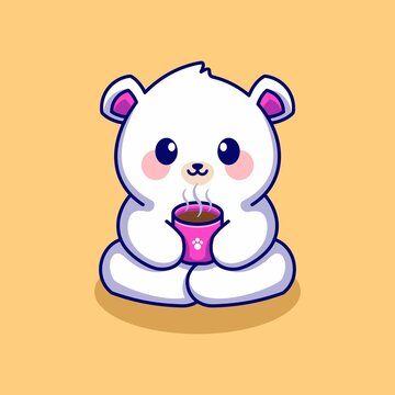 Cute polar bear with coffee cup cartoon