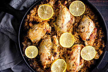 Greek Chicken and Lemon Rice Served in a Cast Iron Skillet: Boneless Skinless chicken thighs and...