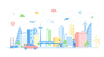 Smart City Skyline.  Urban landscape with building architecture, communication, infrastructure, transportation, services, eco energy. Vector illustration flat style.