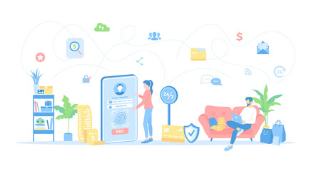 Online internet Banking, mobile payments. Man using laptop for online banking, accounting. Woman pays via phone. Vector illustration flat style.