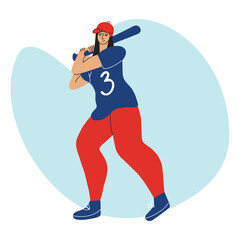 Sports girl with a bat in her hands. Team baseball player. Vector illustration