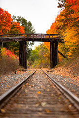 An old wooden bridge sits over railroad tracks surrounded by orange and yellow fall color trees in autumn_04