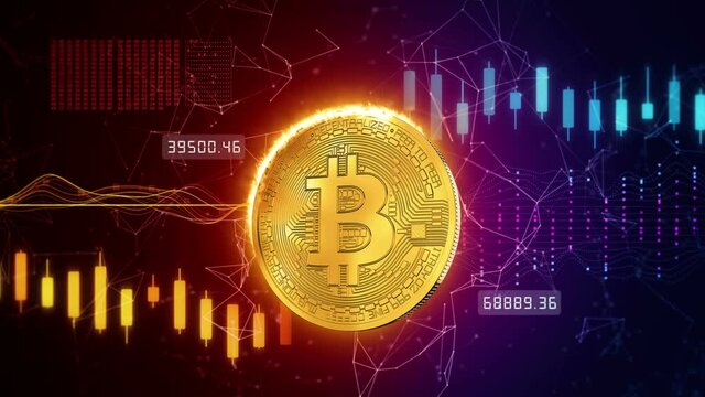 Video animation of a golden burning bitcoin on a background with a trading chart - physical bitcoin - digital currency - cryptocurrency - btc