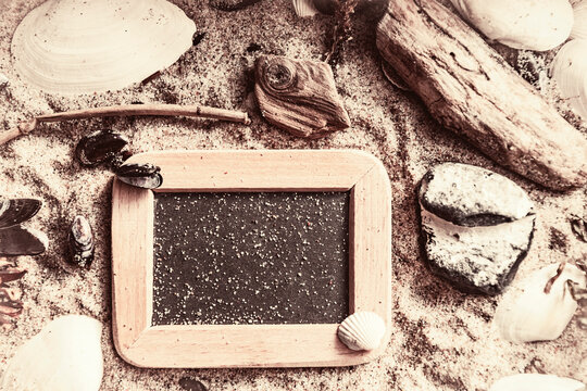 Sand Muscheln Dekoration mit Tafel zum Beschreiben