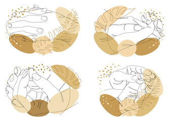 Silhouette Collection of human hands. Applause concepts in a modern one line style with plant leaves. Solid line sketches for decor, posters, stickers, logo. Vector illustration set.