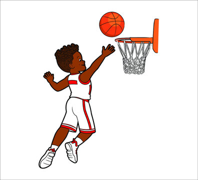 A young black basketball player throws the ball into the basket. Vector illustration in cartoon style