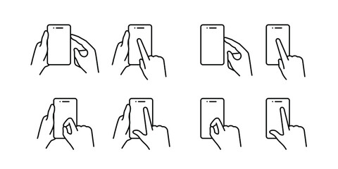 Set of touch screen gesture icons. Hand holding a phone. Pressing the smartphone screen and the side button, zooming in and out. Isolated vector outline symbols on white background. Editable strokes.