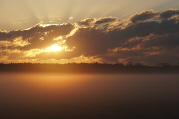 Sunrise Over Highland Forest. Beautiful sky. The sun's rays illuminate the clouds. Mist floating over the field