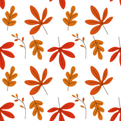 Falling foliage on a white background. Seamless autumn pattern. Seamless background with colorful autumn leaves. Vector illustration