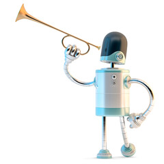 Robot with trumpet. 3D illustration. Isolated on white background