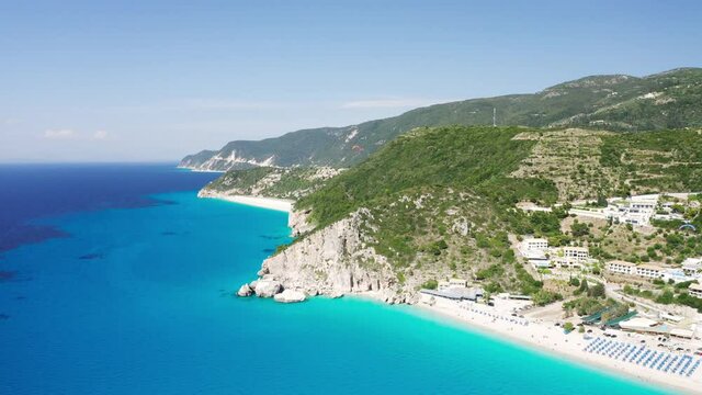 Aerial view of coastline with turquoise sea water at Lefkada island, Kathisma beach. Summer vacations in Greece concept.