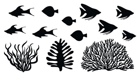 seaweed and corals ocean bottom. sea fish vector silhouettes isolated on white background