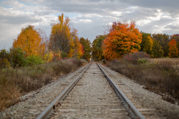 Fototapeta na wymiar Railroad tracks in the middle of nowhere cutting through fall colored autumn trees changing colors_04