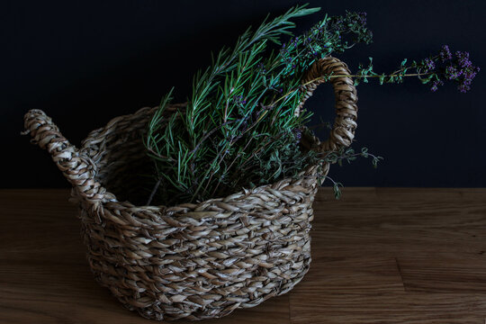 Herbs (rosemary, thyme, Provence) in the basket