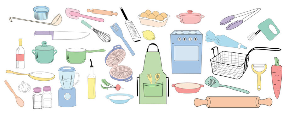 A set of dishes for the kitchen vector stock illustration. Cook's cooking tools. Stickers about the household. Templates for menu recipes. Isolated on a white background.