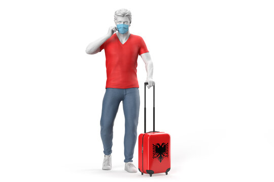 Man wearing face mask pulls a suitcase textured with flag of Albania. 3D illustration