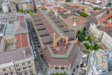 Hungary - Budapest landscape with old shopping market from drone view