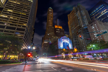 Urban landscape night scene by the St. Bartholomew`s Church and Park AVE, Manhattan, New York, USA