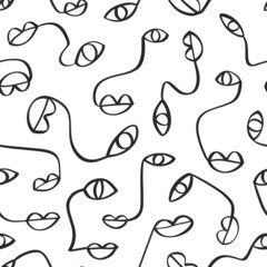 One line drawing abstract face seamless pattern