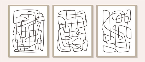Trendy contemporary Abstract line art prints, Minimal black shapes on beige