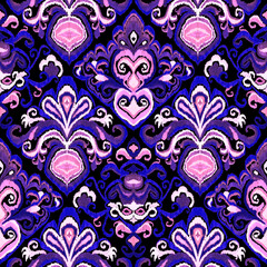 Colorful ikat pattern in vintage style. Elegant ethnic background. Hand drawn oriental art. Seamless geometric vintage texture.	