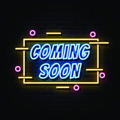 Coming soon neon sign vector. sign symbol