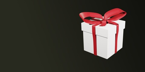 white gift box with red ribbon on black background. 3d render