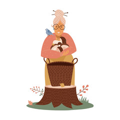 An old woman puts harvested mushrooms in the basket in forest. Mushrooms picking and hunting concept, finding fungus in the forest, active seniors lifestyle.Vector flat illustration.