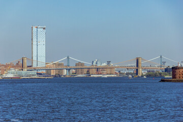 A picture of Manhattan skyline with Maritime terminals and Brooklyn bridge, NY, USA