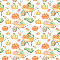Wheelbarrow with pumpkins watercolor seamless pattern. Zucchini and pumpkins on a white background. Thanksgiving Day. Autumn harvest. Leaves. Orange, yellow, green, pink pumpkins. For printing 