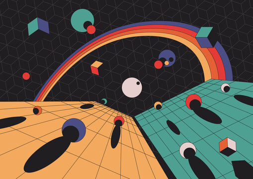 1980s Style Abstract Space Illustration, Perspective, Geometric Shapes, Vintage Colors, Rainbow, Balls and Cubes 