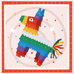 Vector image of birthday piñata in shape of colourful horse. Holiday illustration