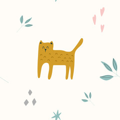 cute pattern with cat and leaves.