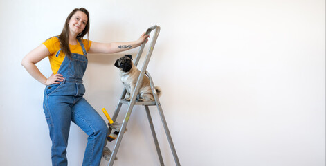 Independent single woman makes repairs in her apartment with her pet . Funny pet dog sitting on ladder