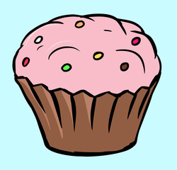 Sweet  pink cupcake with colorful sprinkles. 