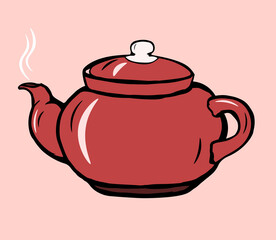 Retro-style red teapot with streams of steam. Hand drawn vector illustration.
