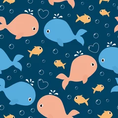 Outdoor kussens Naadloze patroon met mooie walvissen, vissen en bubbels. Vector illustratie. Het kan worden gebruikt voor behang, verpakking, kaarten, patronen voor kleding en andere. © Evalinda