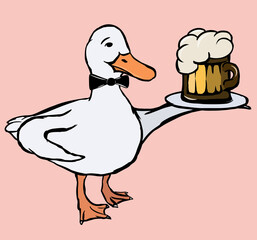 A cute funny duck waiter with a bow tie holding a plate with beer mug with beer.