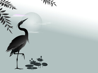Gray heron stands next to a group of blooming lotuses against the backdrop of a sunny circle with clouds. Black and white vector illustration. 