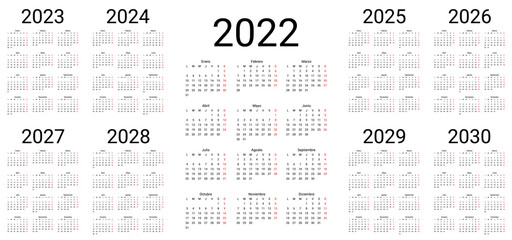 Spanish Calendar 2022, 2023, 2024, 2025, 2026, 2027, 2028, 2029, 2030 years. Simple pocket template. Vector illustration.
