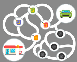 Labyrinth. Refueling of cars. A game for the development of logic for preschool children. Sheet for printing. Vector illustration