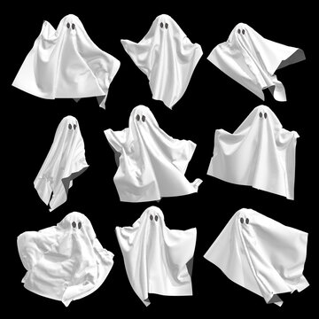 Set of cute ghosts with black eyes from sheets on a black background, 3D rendering