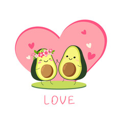 Cute vector cartoon avocado couple holding hands, Valentines day greeting card. Funny poster. .two avocado lovers on the lawn on the background of a pink heart. isolated on white background.